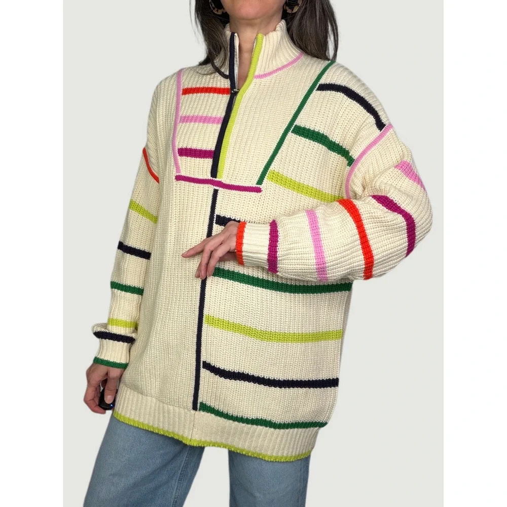 STAUD Hampton Sweater Cream Multi Color Stripe Quarter Zip Knit Oversized Long S - Picture 1 of 11